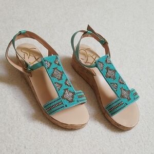 J.Renee Blue and Cream Sandals with Beaded T-Strap